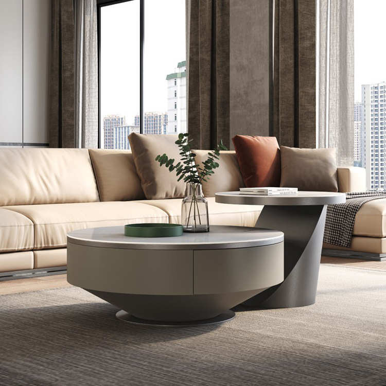 轻奢现代不锈钢岩板圆形茶几组合带抽屉大小户型客厅家用茶几简约