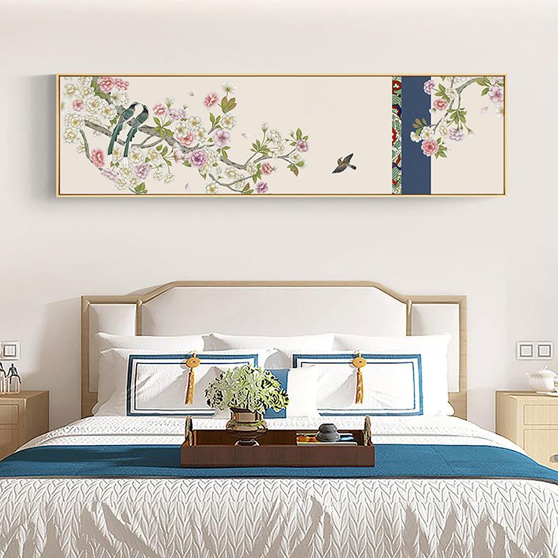 盛荣 新中式床头装饰画原木风卧室挂画花鸟国风民宿酒店横版壁画