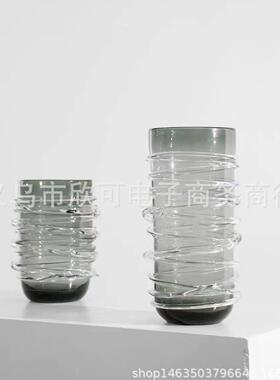 现代简约灰绿色玻璃螺旋开口花瓶样板间售楼处餐桌玄关插花花器