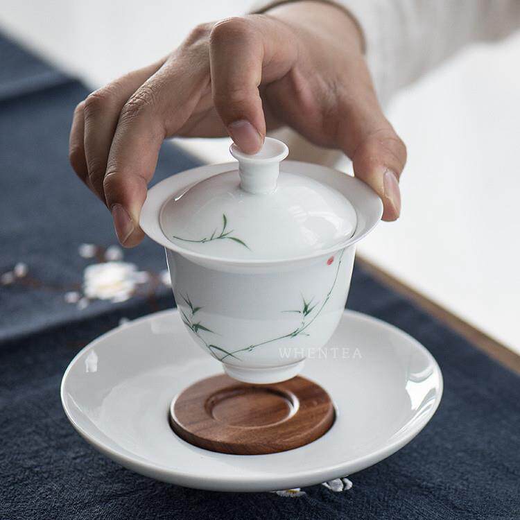 闻一闻景德镇青竹三彩有盖碗纯手绘釉下彩瓷白瓷茶具茶杯茶碗