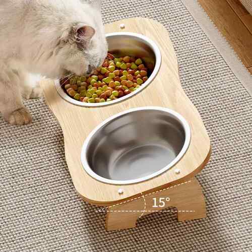 猫碗不锈钢实木架斜面护颈椎狗碗单双碗水碗慢食碗防打翻猫食盆