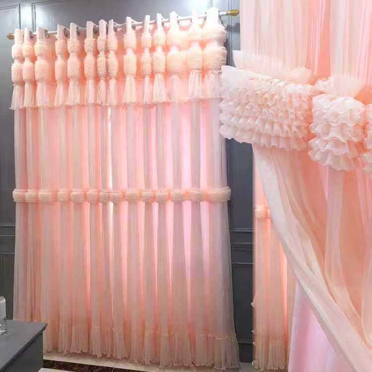 韩式公主风蕾丝网红仙女ins窗帘纱卧室飘窗双层遮光双层粉色定制