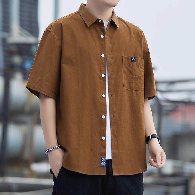 纯棉短袖衬衫男外套夏季薄款宽松中年半袖上衣休闲潮流百搭夏装男