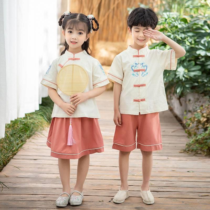 儿童民国风服装男童90-160cm春秋夏款唐装学生女童汉服套装纯色两