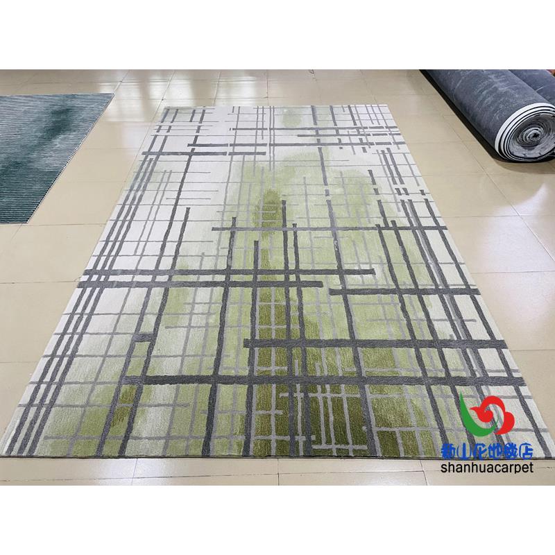 现代简约绿色水墨画长方形格子中式客厅茶几地毯大厅接待室贵宾室