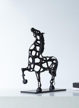 中式抽象金属镂空骏马动物雕塑摆件客厅玄关书房软装家居饰品