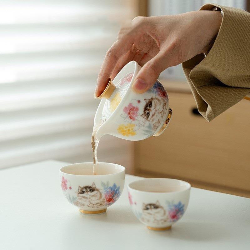 羊脂玉白瓷快客旅行茶具可爱猫咪一壶两杯防烫户外出差便携式套装