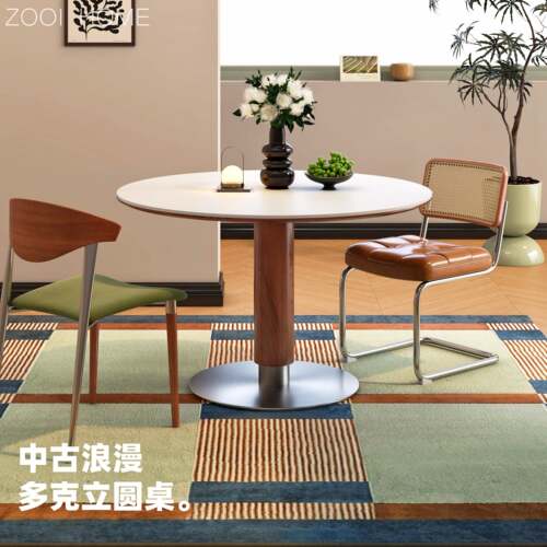 ZOOIHOME多立克圆桌中古风岩板餐桌家用小户型包豪斯风实木腿桌子