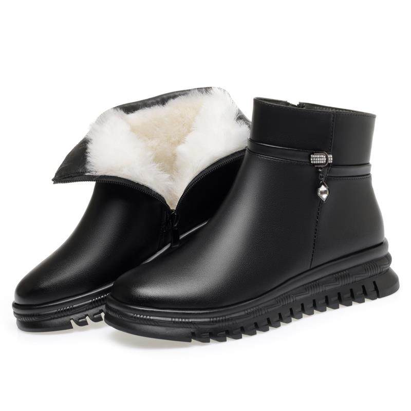 正品冬新款真皮底短靴女平中老年妈棉妈鞋大码加季绒羊毛软底保暖