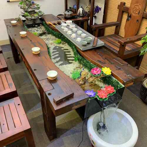 厅新中式流水组茶桌椅合实客木PHL茶台全实木河流桌养鱼循环景观