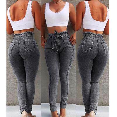 Women's jeans with elastic tassel waistband and high waist