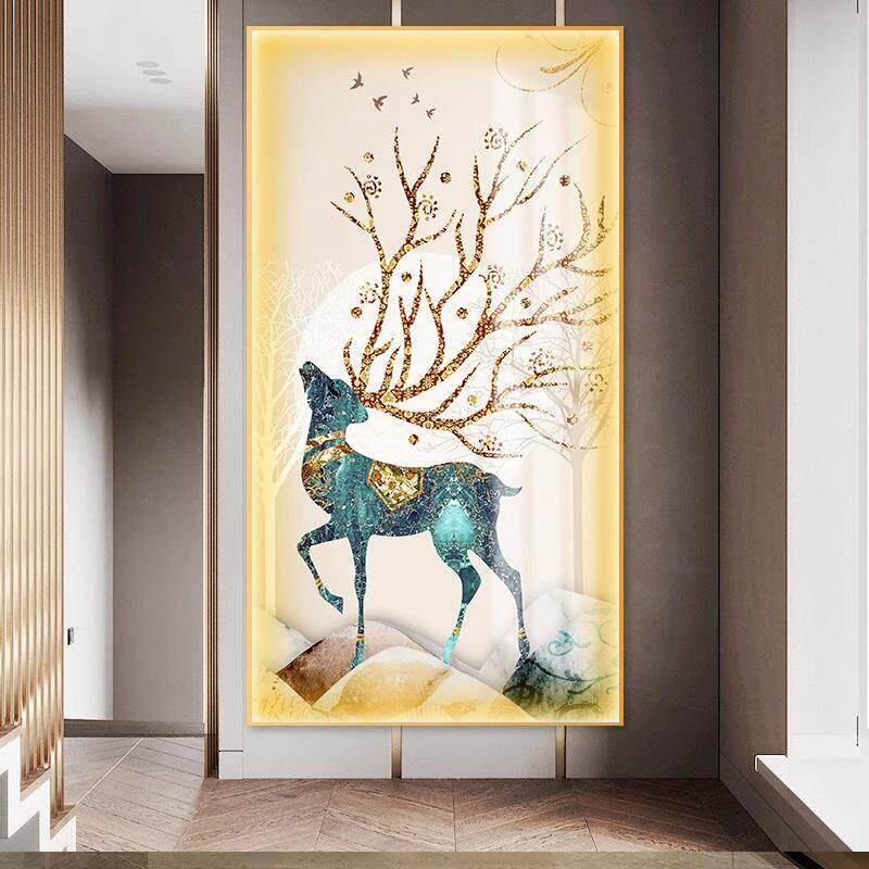 玄关客厅装饰画轻奢大气带灯镶钻麋鹿晶瓷画墙挂画入户过道墙壁画