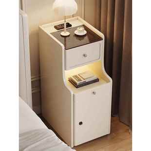 实木智能床头柜带灯极窄床边柜小型床边柜带指纹锁无线充电夹缝柜