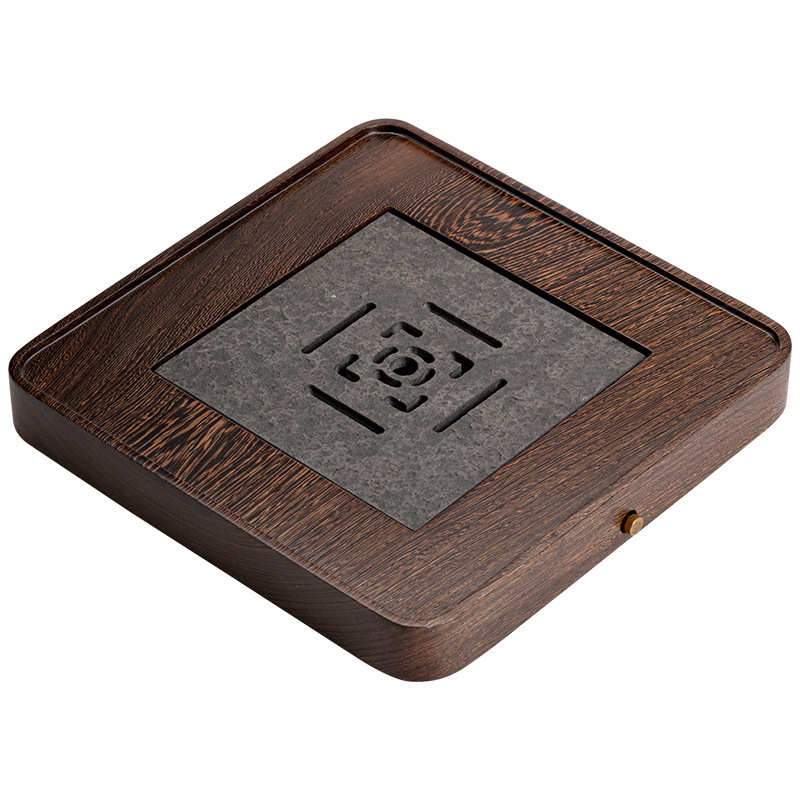 大号空念鸡翅木乌金石茶盘 中式家用排水蓄水两用干泡盘四方茶台