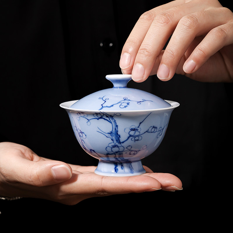 纯手绘青釉梅花二才盖碗茶杯大号陶瓷手抓泡茶碗单个高档功夫茶具