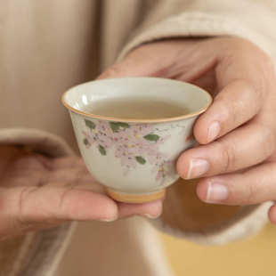 家用手绘茶具茶杯品茗功夫杯釉紫藤花杯冰台彩单主人陶瓷女下杯