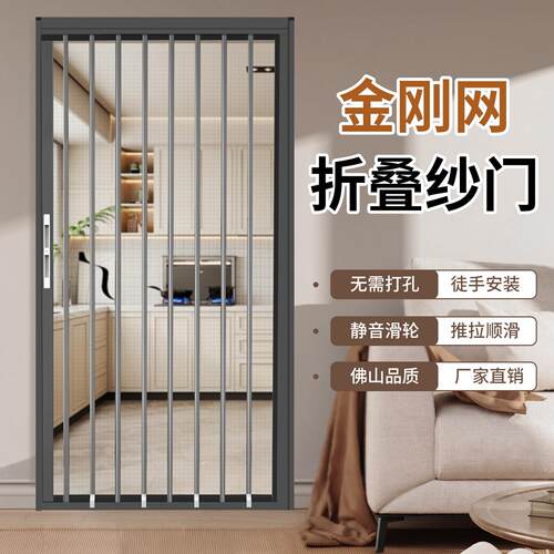 金刚网折叠纱门入户门防蚊门家用阳台隐形伸缩推拉式铝合金纱窗门