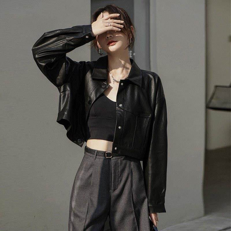 短款pu皮外套女春秋小个子棒球服黑色夹克修身摩托赛车复古机车服