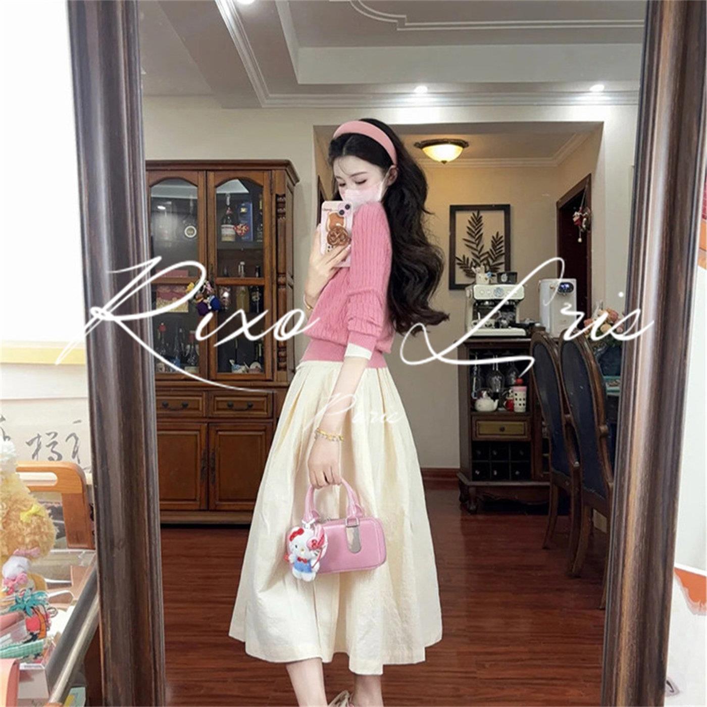 RIXO LRIS法式高级感粉色针织开衫毛衣套装女春气质半身裙两件套