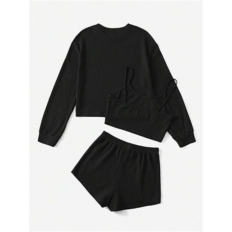 Womens Waffle Knit Casual Pajama Set Long Sleeve Crew Neck