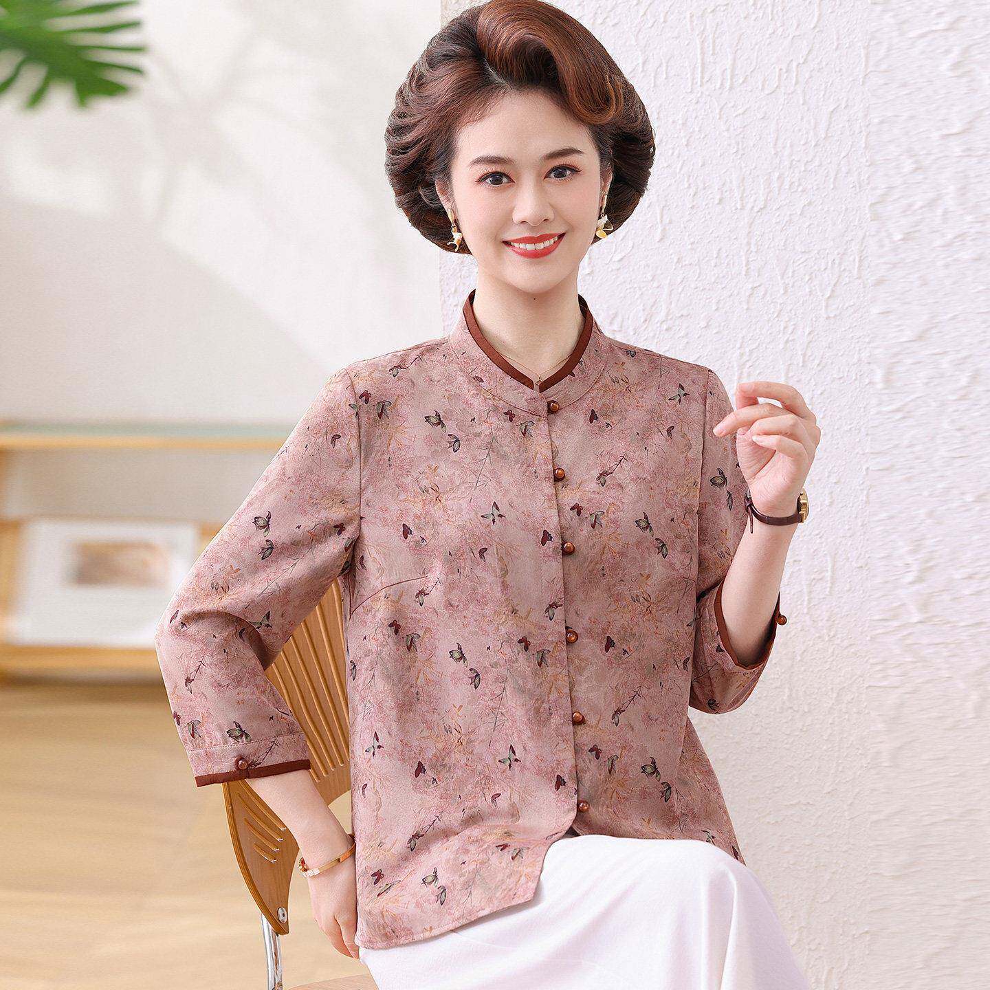 高档中年妈妈衬衫女开衫夏装桑蚕丝100%套装妈妈真丝立领上衣薄款