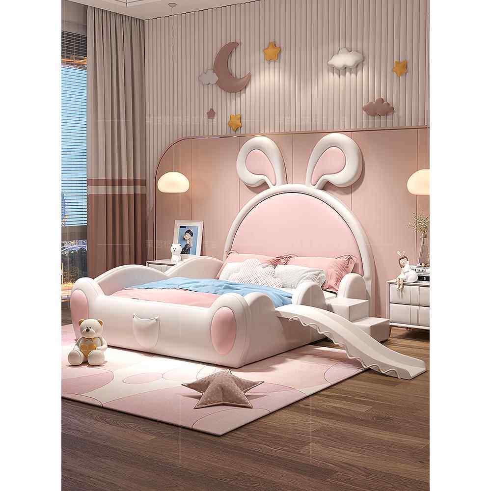 粉色儿童床兔耳与滑动护栏轻豪华实木女孩公主女孩现代简单的家