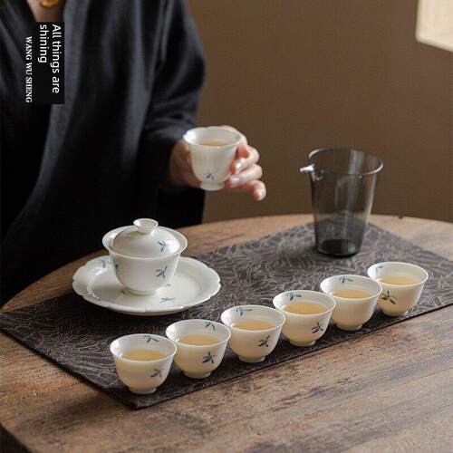 万物笙丨釉下彩青花手绘兰花盖碗茶杯茶具套装礼盒装手工白瓷茶礼