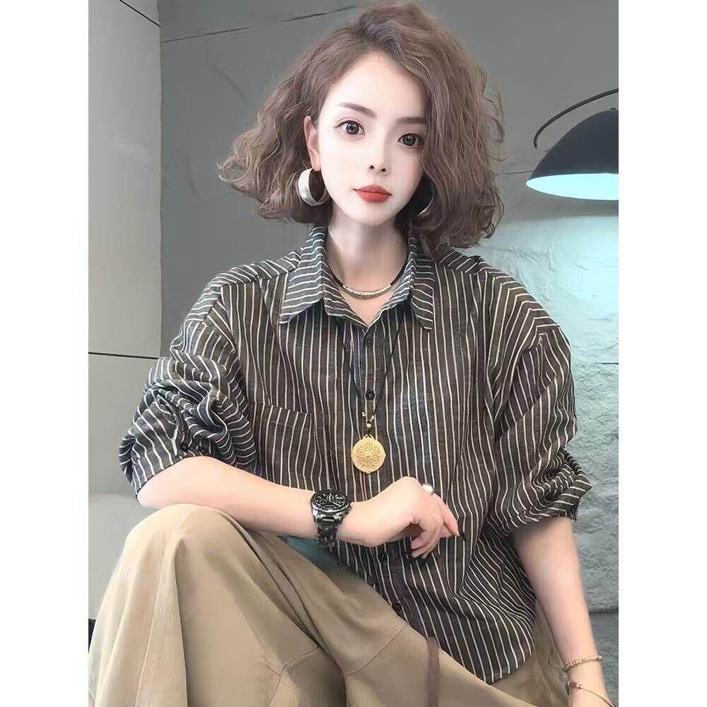 香港春秋复古条纹长袖衬衫女士高级感轻奢减龄洋气百搭小个子上衣