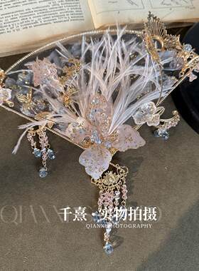 新中式粉色古风羽毛扇子汉服配饰流苏装饰婚礼喜扇工艺扇团扇