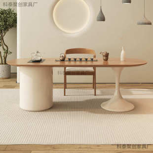 奶油风家用茶台原木一体式泡茶桌阳台会客休闲茶台休息室接待茶桌