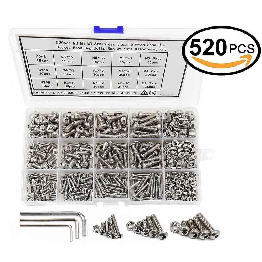 520pcs/盒M3 M4 M5不锈钢内六角平头盘头半圆头螺丝螺母配套组合