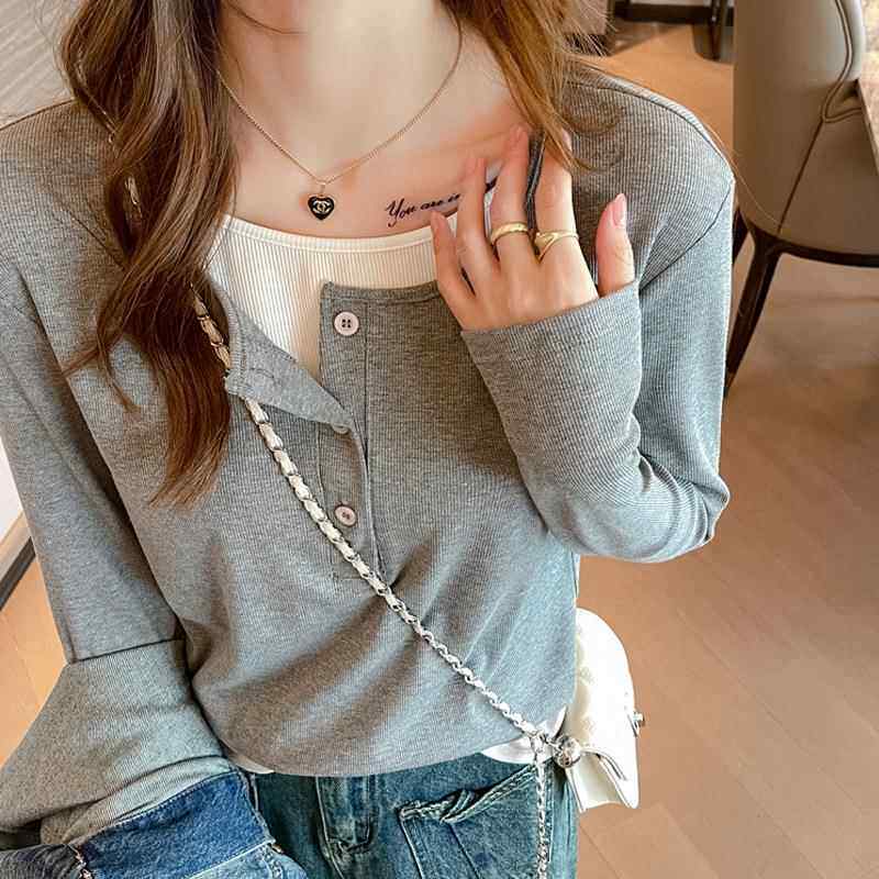 新款春秋季高级感上衣女假两件宽松长袖正肩t恤可外穿打底衫定制