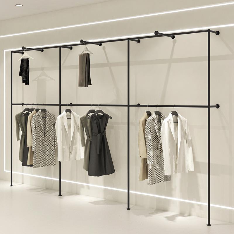 男女装店双层挂衣杆落地式不锈钢烤漆黑上墙陈列货架服装店展示架