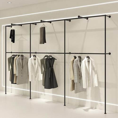 男女装店双层挂衣杆落地式不锈钢烤漆黑上墙陈列货架服装店展示架