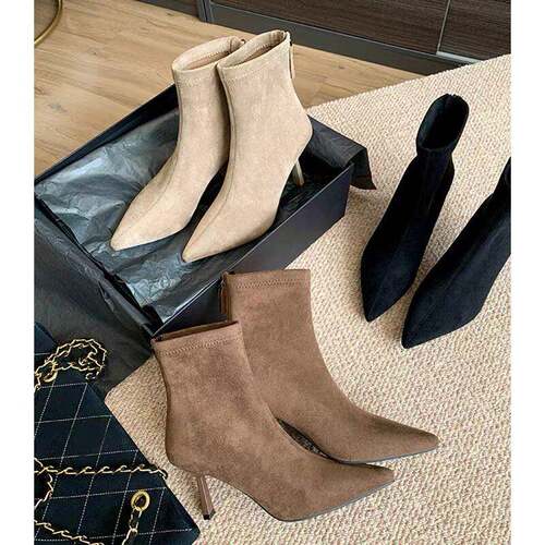 秋冬女鞋细高跟尖头弹力瘦瘦靴法式裸靴新款气质单靴加绒后1008k