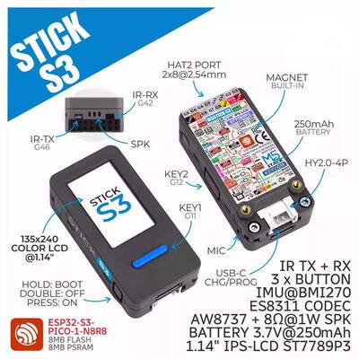 官方M5Stack StickS3 ESP32 S3 高性能紧凑型物联网IoT开发套件