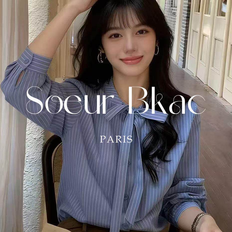 法国SOEUR BKAC春蓝色蝴蝶结条纹长袖衬衫女法式系带休闲内搭上衣