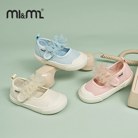 m1m2西班牙童鞋女童夏季清爽透气布艺丝带帆布鞋，纯色甜美公主鞋