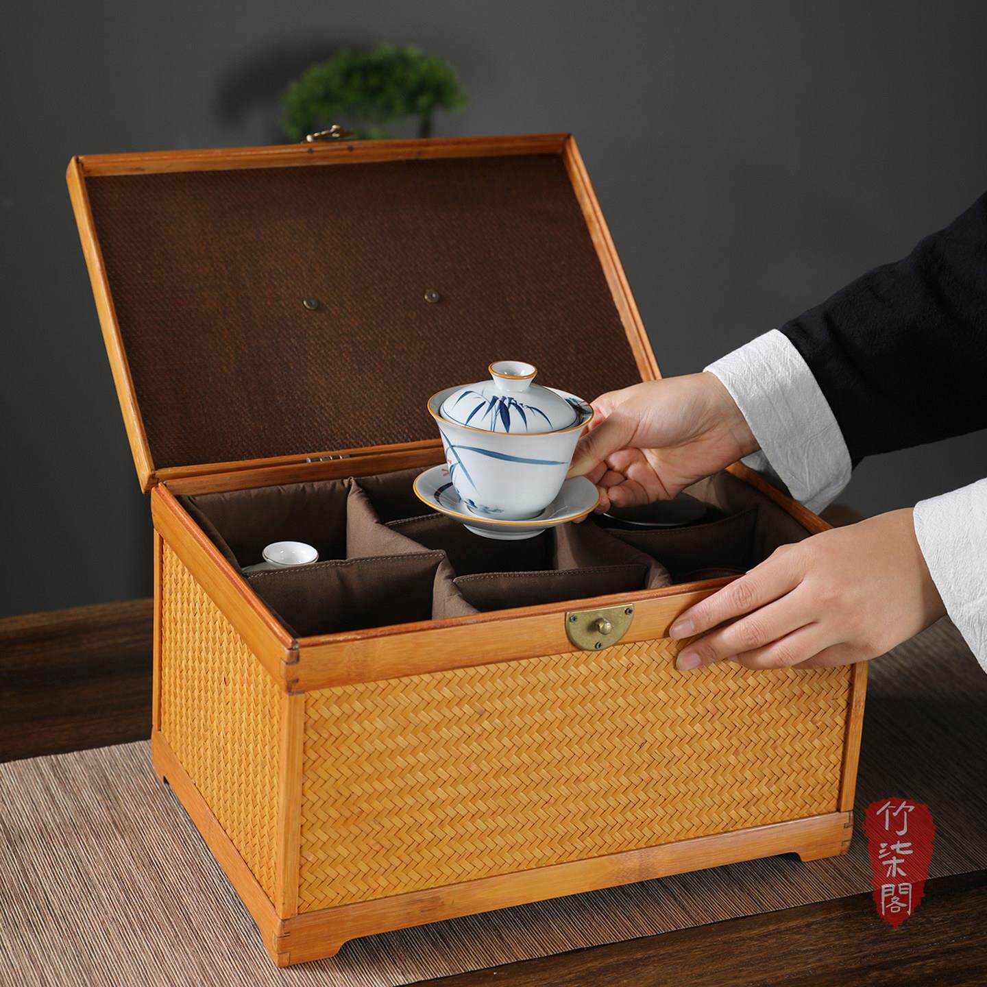 竹编夏梦茶箱大漆户外茶具收纳盒茶事包手提茶箱复古提篮提盒茶盒