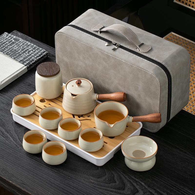 便携式汝窑旅行茶具套装中式户外家用简易茶盘随车陶瓷泡茶壶茶杯