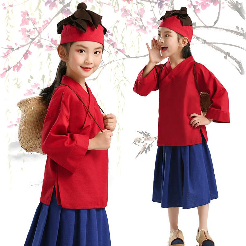 新款女童古装汉服悯农愚公移山服幼儿采蘑菇服装药童服锄禾演出服