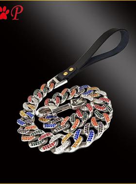 不锈钢铸造七彩狗脖圈项圈牵引绳各色彩钻牵引黑色棕色真皮