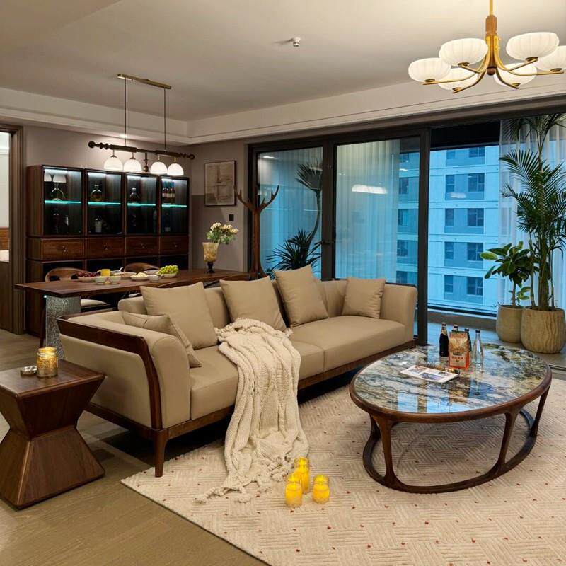 新中式北美黑胡桃木宋式美学沙发意式轻奢极简高级真皮办公室家俱