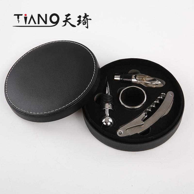 现货圆形红酒开瓶器套装开酒器创意礼品圆皮盒酒具四件套