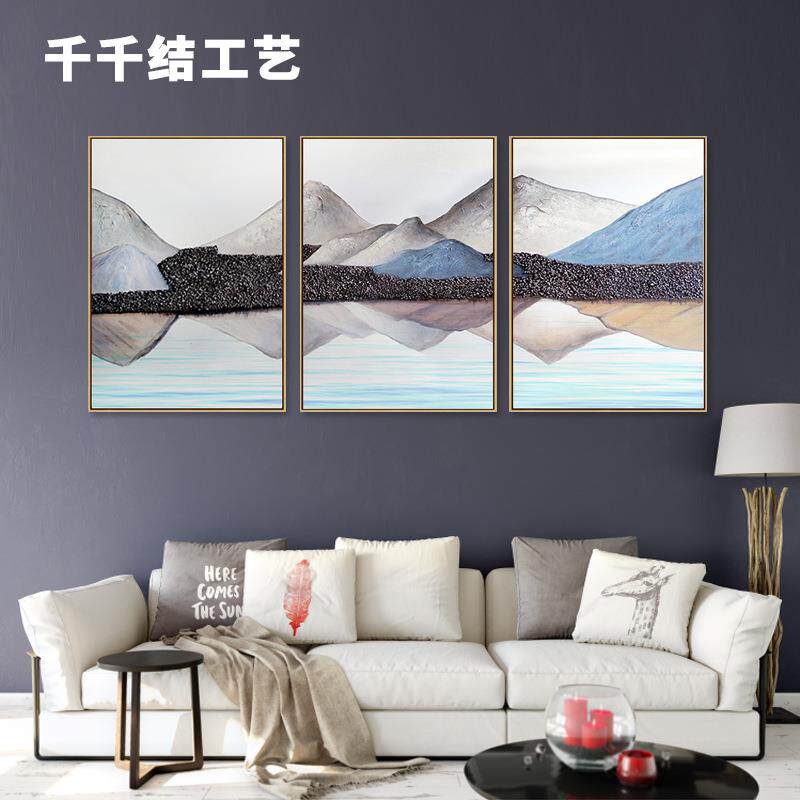 北欧抽象装饰品酒店沙发背景油画实木玄关挂画装饰画框三联组合