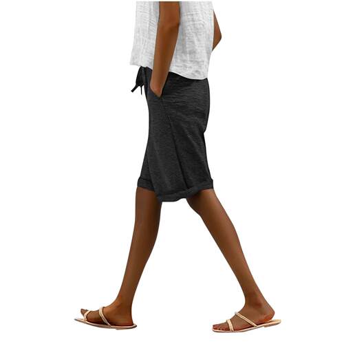 Women's cotton and linen pocket elastic pants