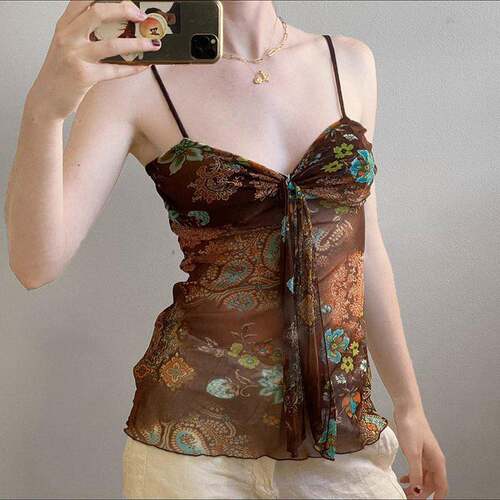 Womens Floral Print Sheer Spaghetti Strap Cami Top Brown