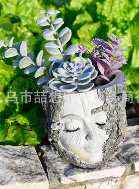 万圣跨境树桩女孩树脂工艺摆件家居庭院装饰摆件花园人脸花盆