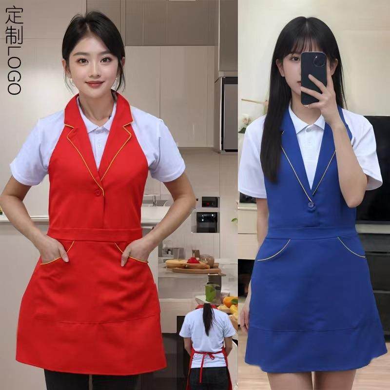 时尚好看的围裙西装领滚边夏季单层防泼水家用厨房 餐厅酒店制服