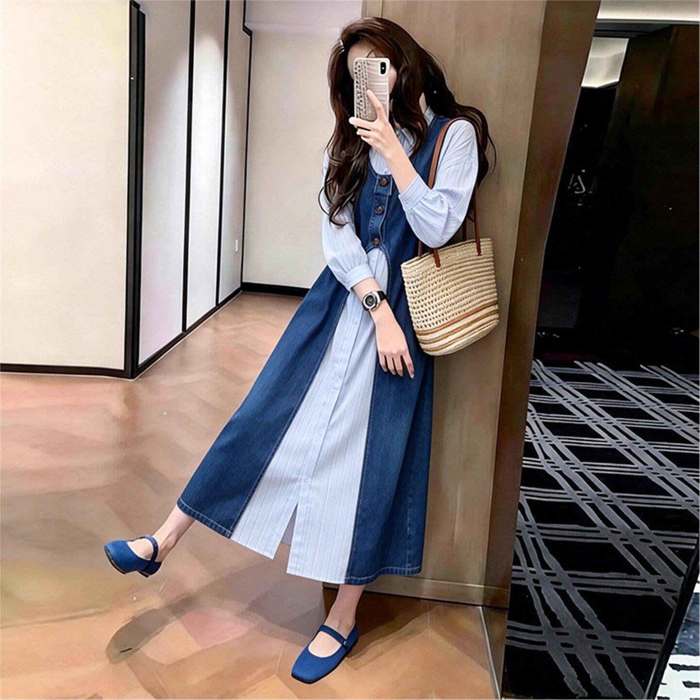 潮牌假两件牛仔衬衫连衣裙女春季新款时尚收腰高级感绝美长袖长裙